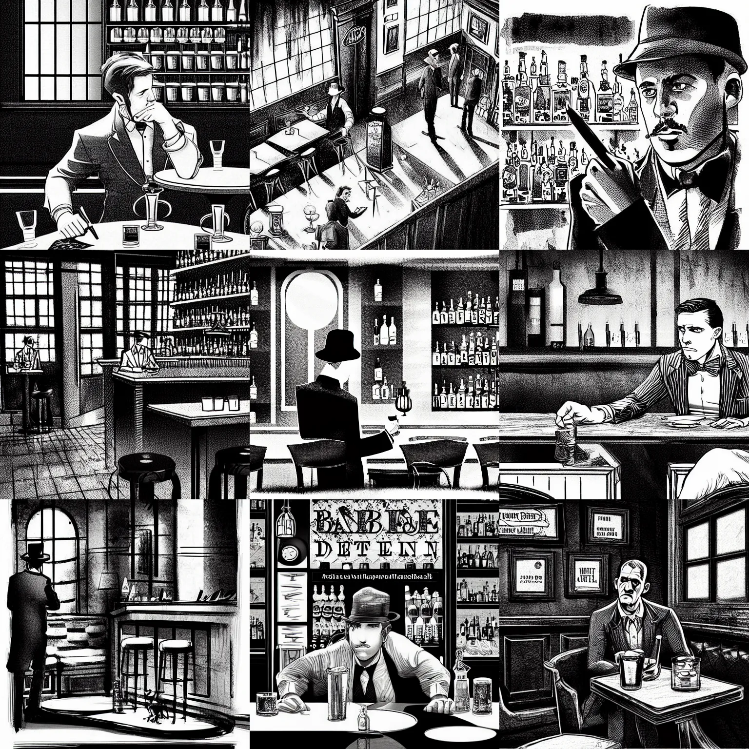 Prompt: pen and ink a detective in a bar, impressive scene. grainy and rough. black and white colour scheme. beautiful artistic detailed digital art