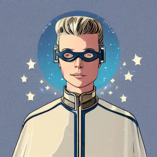 Image similar to tattooed stoic heroic emotionless dirty butch blonde woman space hero with very short slicked - back hair, wearing dark - lensed victorian goggles, wearing white and gold satin uniform and cape, moebius, rough paper, smooth median photoshop filter cutout vector, behance hd by jesper ejsing, by rhads, makoto shinkai and ron cobb.