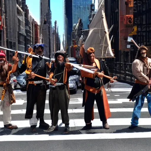 Image similar to real pirates standing with they swords ready in the middle of the road in new york city.