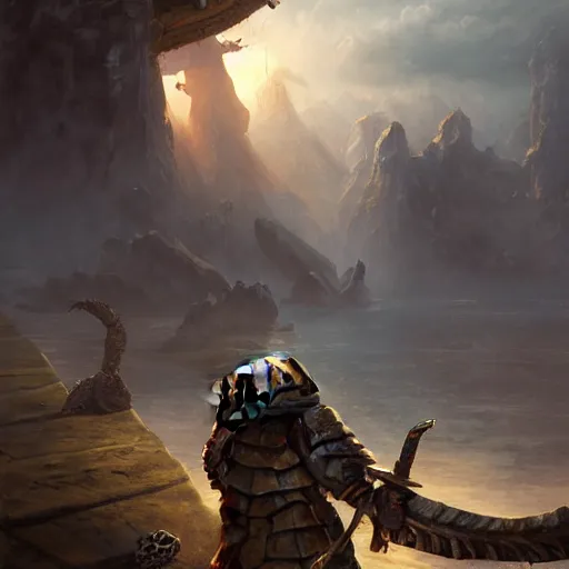 Image similar to a turtle hero raises his long sword high, dramatic light, arctic temple background, clouds, golden hour, high detail, fantasy background, painted by stanley lau, painted by greg rutkowski, painted by stanley artgerm, digital art, trending on artstation