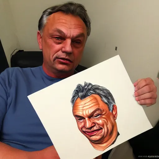 Image similar to old child paints a sausage and viktor orban on white paper, anatomically correct, oil painting, hyper realistic, 8 k highly detailed