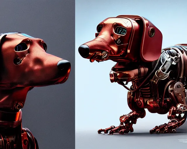 Image similar to portrait of terminator dachshund robot, mechanical, machine, octane render, concept art, sharp focus, hyper - realistic, intricate, detailed, eduard pronin, luka mivsek, ruan jia