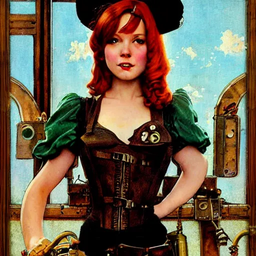 Prompt: a steampunk redhead girl, artwork by Norman Rockwell, cinematic view, high quality