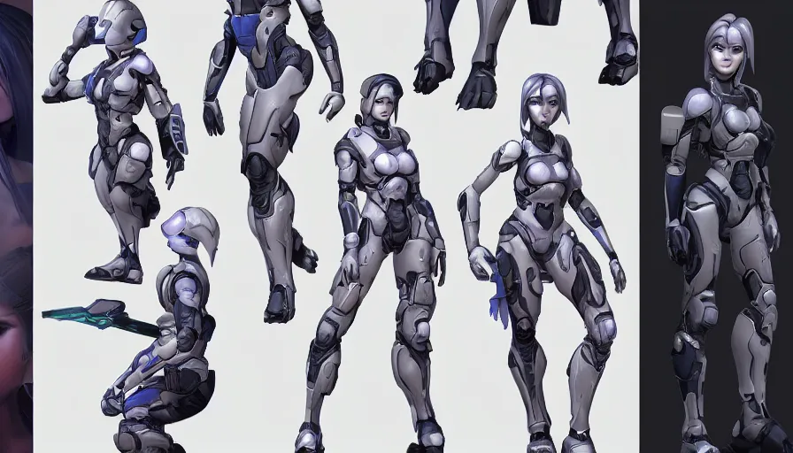 Prompt: a knolling of character designs of Cortana from halo against a white background, , Detailed, trending on artstation, CG society, by WLop and Mucha