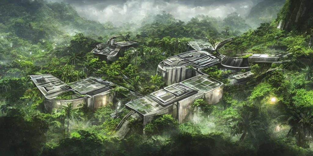 Prompt: small futuristic wealthy busy maximum security prison on a hill in jungle. Poor slums are at the foot of the hill, tropical climate, award winning!, video game concept art, scifi, rural, UE5