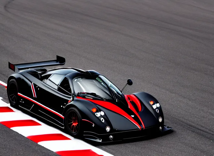 Prompt: !dream Black with red striped Pagani Zonda R cornering on a racetrack, 16K resolution, photography,