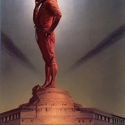 Image similar to immense, majestic, surreal, terrifying joe biden standing triumphant over the national mall, perfectly clear face, by j. c. leyendecker and beksinski