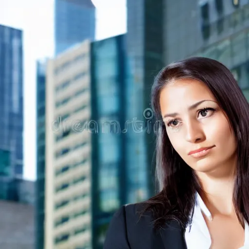 Image similar to amazonian woman in business attire, closeup, stoic, realistic, high resolution, in office building