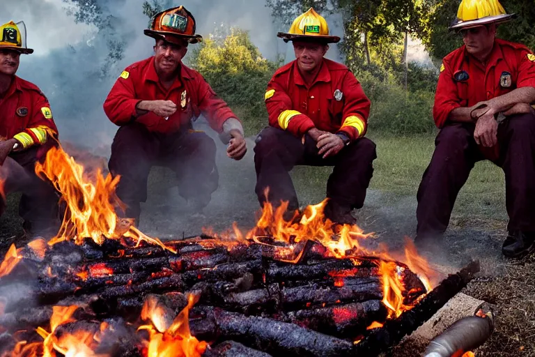 Image similar to closeup potrait firefighters having a barbecue in front of a house fire, natural light, sharp, detailed face, magazine, press, photo, Steve McCurry, David Lazar, Canon, Nikon, focus