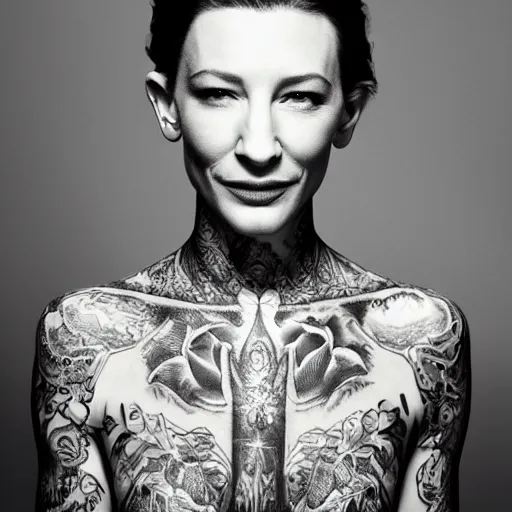 Image similar to full body tattooed cate blanchett, nose ring, 4k