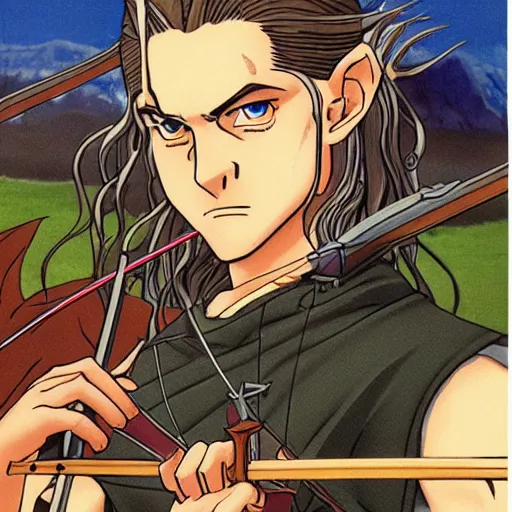 Image similar to Portait of Legolas in an 80s anime version of Lord of the Rings, holding a longbow, very detailed, ultra realistic, handpainted, Satoshi Kon, Hiyao Miyazaki, Katsuhiro Otomo