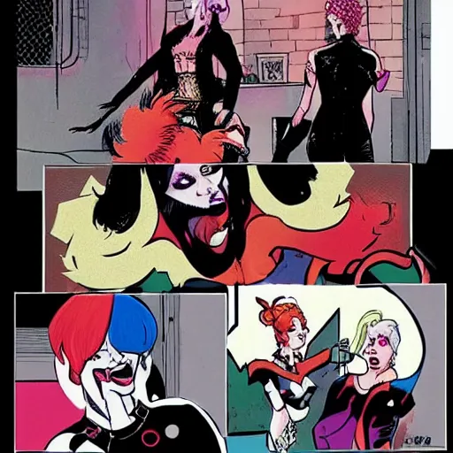 Prompt: in the style of rafael albuquerque comic art, harley quinn and cyndi lauper arguing about who wants to have more fun.