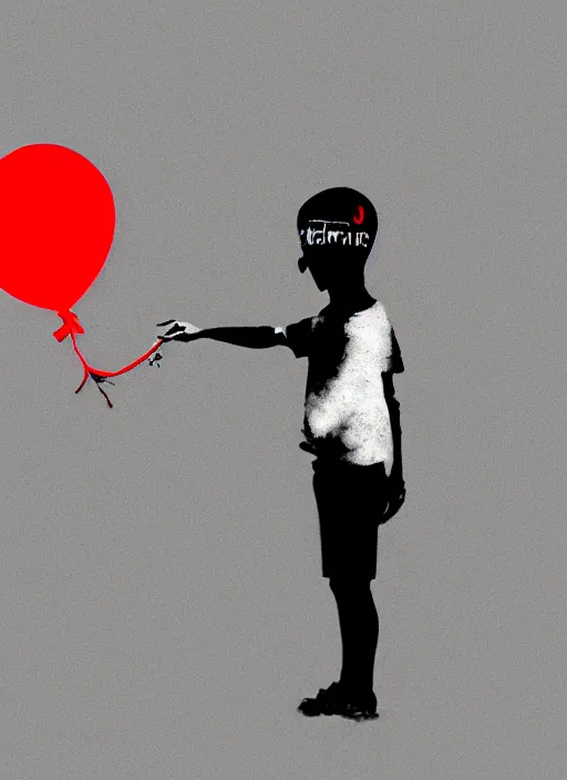 Image similar to a side profile of a black and white boy holding a single red balloon on a white concrete background in the style of Banksy, graffiti, digital art