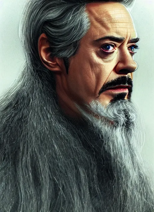 Image similar to robert downey jr. as evil saurman the white, long white hair and beard, by alan lee, lord of the rings, smooth, oil painting, matte painting, concept art, trending on artstation, promotional artwork, film still, elegant, photorealistic facial features, intricate, detailed face, cinematic lighting