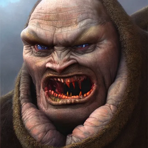 Image similar to vladimir putin, vladimir putin is evil ogre, toothless mutant, horror, macabre by donato giancola and greg rutkowski and wayne barlow and zdzisław beksinski, realistic face, digital art