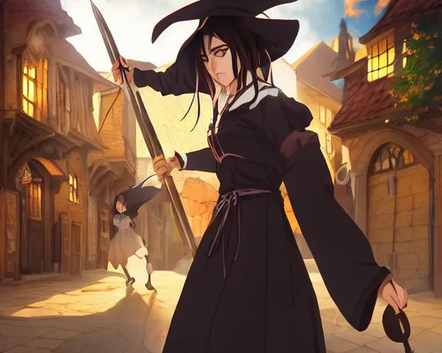 Image similar to key anime visual portrait of a young female witch walking through a busy medieval village, dynamic pose, dynamic perspective, cinematic, dramatic lighting, detailed silhouette, anime proportions