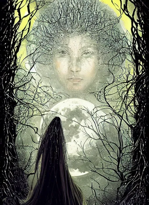 Image similar to glowing silver and golden elements, full close-up portrait, A beautiful dark witch in front of the full big moon, book cover, green forest, red white black colors, establishing shot, extremly high detail, foto realistic, cinematic lighting, pen and ink, intricate line drawings, by Yoshitaka Amano, Ruan Jia, Kentaro Miura, Artgerm, post processed, concept art, artstation, matte painting, style by eddie, raphael lacoste, alex ross