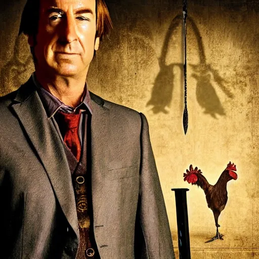 Image similar to saul goodman and a rooster in a medieval torture chamber, saw blades and knives in the background, horror movie, saul goodman, rooster, real life photo, detailed face