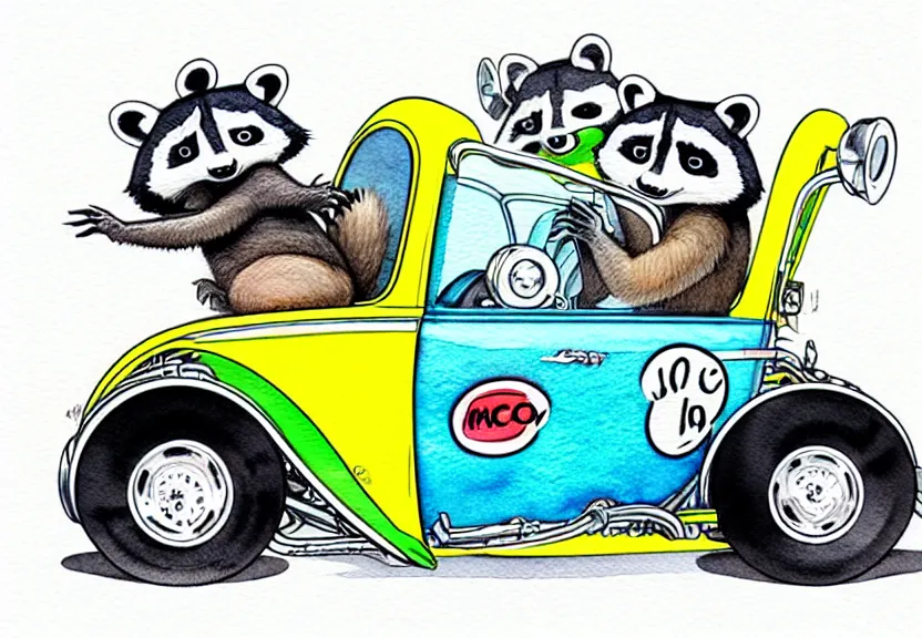 Image similar to cute and funny, racoon riding in a tiny hot rod coupe with oversized engine, ratfink style by ed roth, centered award winning watercolor pen illustration, isometric illustration by chihiro iwasaki, edited by range murata