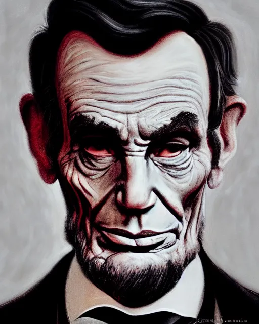 Prompt: official portrait of the united states president, ( ( abraham lincoln ) ), scarred, close up, rim lighting, portrait, sinister atmospheric lighting. highly detailed painting by greg rutkowski, anime style