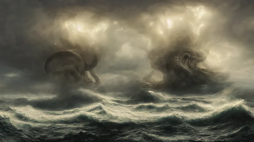 Prompt: small boat in the foreground, giant massive kraken rising out a stormy ocean,, stormy weather, intricate, detailed, volumetric lighting, scenery, digital painting, highly detailed, concept art, ruan jia, steve mccurry