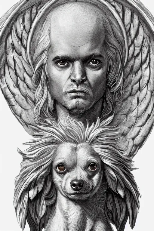 Image similar to God with a Chihuahua's head, a radiant halo and wings, detailed face, gorgeous, flowing hair, very muscular male body, partial anatomy, stormy and grand war scene, delicate and intricate borders for decoration, caesar victorious, proud Emperor, split lighting, character close-up, intricate, highly detailed, 8K, digital painting, fantasy, concept art, sharp focus, art by greg rutkowski beeple and alphonse mucha