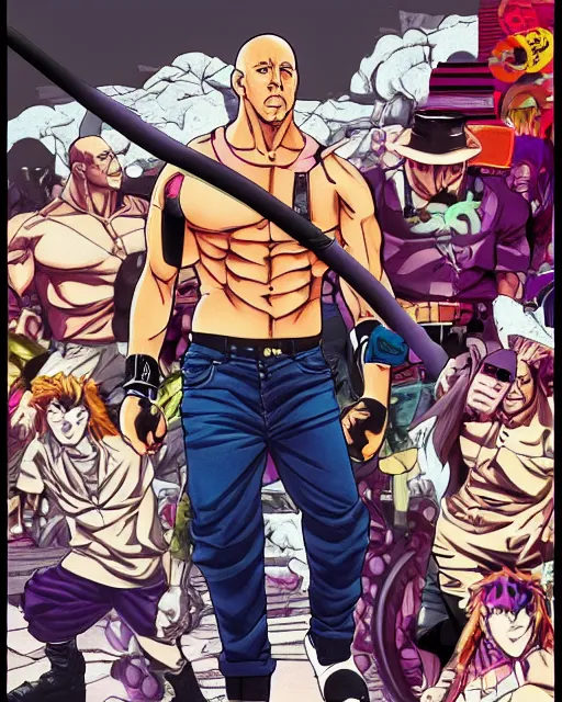 Image similar to Digital color pen drawing of Vin Diesel walking like a Italian model in JoJo\'s Bizzare Adventure anime style, highly detailed, sharp focus, screentone shading, 1990 manga panel, trending on ArtStation, manga cover art drawn by Hirohiko Araki