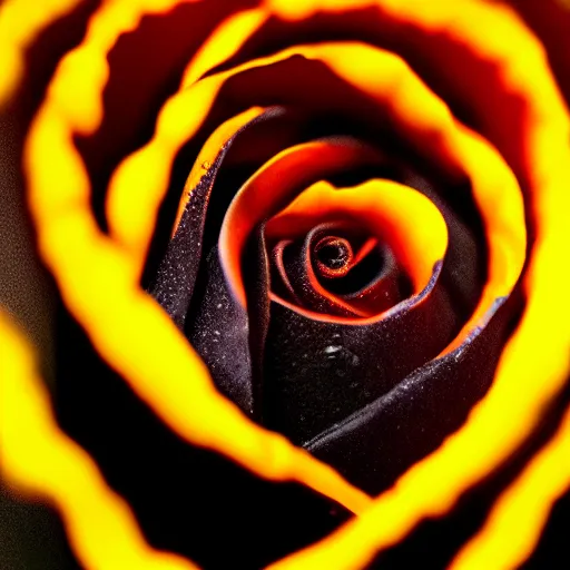 Image similar to award - winning macro of a beautiful black rose made of glowing molten magma