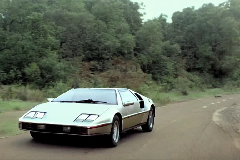 Image similar to vintage archival race footage of a single delorean, with elements of the De Tomaso Pantera, Lotus, GT40, BMW M1, and Countach, movie still, speed, cinematic Panavision 5384 film
