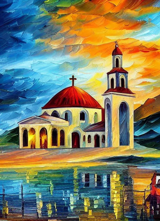 Prompt: beautiful seaside greek church and village at sunset in the style of leonid afremov