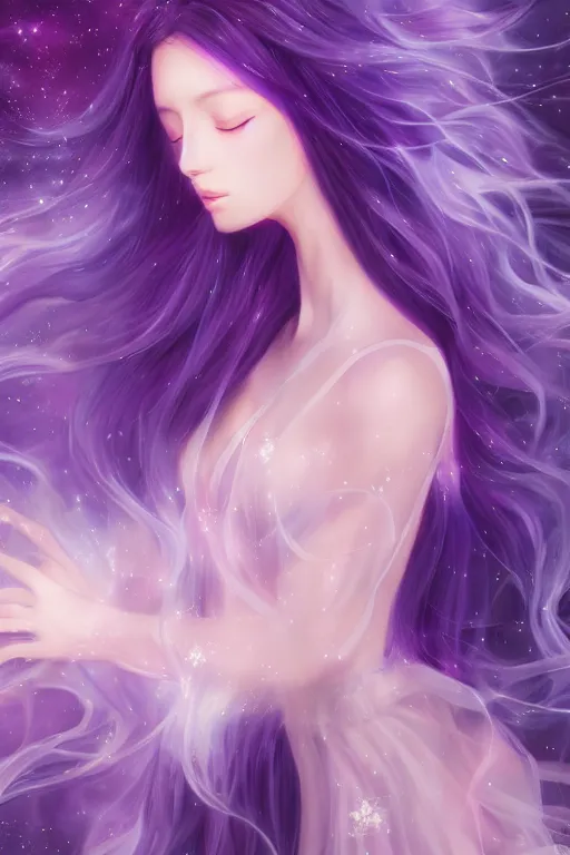 Image similar to 4k detailed portrait of a beautiful intimate woman with long purple cosmic hair and a beautiful celestial dress, by Miho Hirano and viktoria gavrilenko. Anime, volumetric lighting