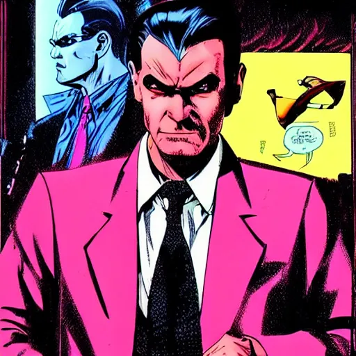 Prompt: a cyberpunk mafia boss with slicked back hair, in a cyberpunk setting, comic book art, cyberpunk, art by stan lee, neon lines, 8 0 s vibe colorful, bright high tech lights, movie still, epic, dramatic, marvel comics, dc comics