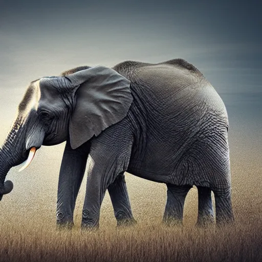 Image similar to an elephant falling apart and crumbling to dust to the air, photorealistic