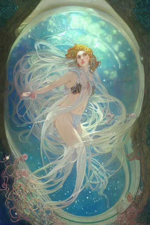 Image similar to a beautiful painting of a cylindrical aquarium with lots of jellyfish, ray of light, shimmering and prismatic, rococo, by krenz cushart and mucha and monet, trending on artstation.