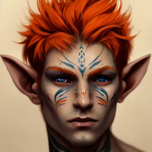 Prompt: portrait painting of an elven eladrin young man with short light orange hair and freckles and tribal tattoos on his cheekbones, sharp focus, award - winning, trending on artstation, masterpiece, highly detailed, intricate. art by merwild and ernesto irawan and rachel denton