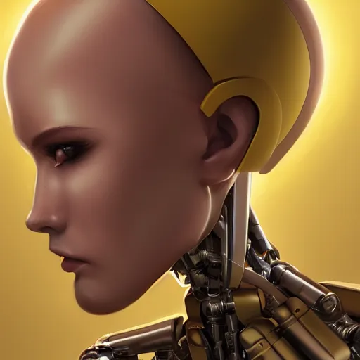 Prompt: A yellow skinned female android with half head shaved revealing metal robot head by Stanley Artgerm Lau, WLOP, Rossdraws, James Jean, Andrei Riabovitchev, Marc Simonetti, and Sakimichan, trending on artstation