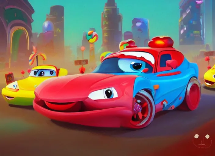 Image similar to concept design of cute candy cars for wreck - it ralph, oil painting by eren arik and jama jurabaev, extremely detailed, brush hard, artstation, high quality, brush stroke