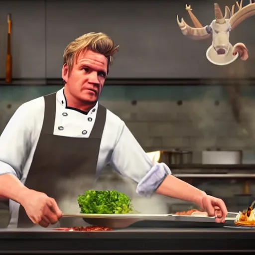 Prompt: GTA 5 photorealistic Gordon Ramsey cooking a unicorn in an intricate kitchen 4k