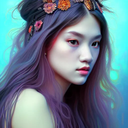 Prompt: portrait of jossi of blackpink, fractal goddess, highly detailed, digital painting, smooth, sharp focus, illustration, ultra realistic, 8 k, art by artgerm and alphonse mucha