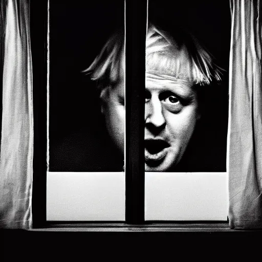 Image similar to photo of the inside of a dark old rainy bedroom window at night with the curtains pulled back, dimly lit creepy | screaming face of boris johnson staring in and pressing his bloody face and hands against the window, horror, scary face, demonic face,