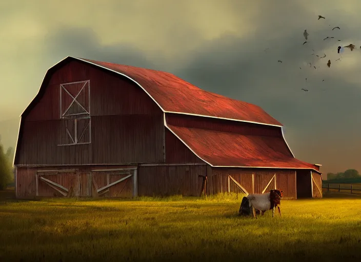 Prompt: A barn at an Iowan farm, barndoors broken open, game art matte painting hyperdetailed, artstation, cgsociety, 8k, surreal dream landscape