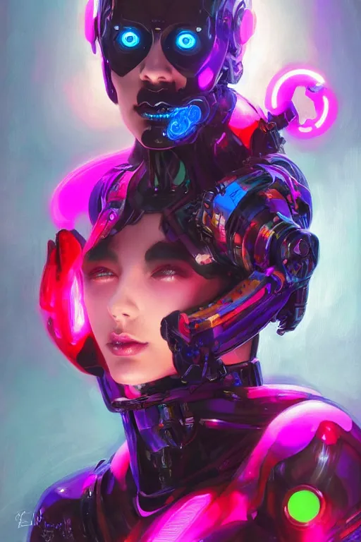 Prompt: Portrait of gothic cyborg female with cybernetic neck, bright colors, elegant, vibrant, intricate, smooth, artstation, painted by edgar maxence, greg rutowski, ross tran, artgerm,