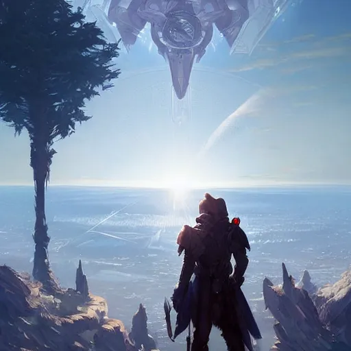 Image similar to A Hunter from Destiny overlooking the Last City with a giant white sphere in the sky, D&D, highly detailed, digital painting, artstation, concept art, sharp focus, illustration, art by artgerm and greg rutkowski and alphonse mucha