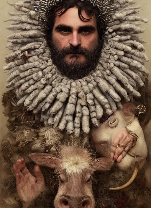 Image similar to a hyper detailed portrait of joaquin phoenix with a crown made of animals, cow horns, pig nose, sheep wool, chicken feather armor, by anna podedworna, by miklos ligeti, by diego maricato, by taran fiddler, by antonino truisi, by chris reddie, by jinsung lim, trending on artstation