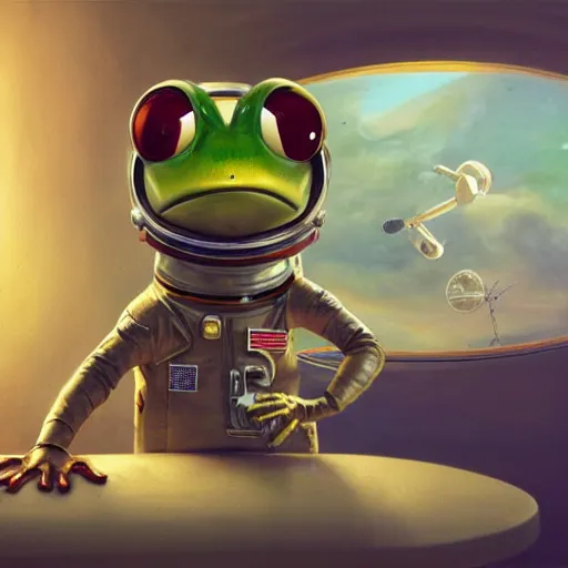 Image similar to long shot of a astronaut frog wearing an astronaut helmet, by esao andrews, by m. w. kaluta, beautiful oil painting, cinematic space scenery, small depth of field, depth perception, volumetric light, rich colors, 3 d octane render, 8 k, conceptart, hyperdetailed, hyperrealistic, trending on artstation