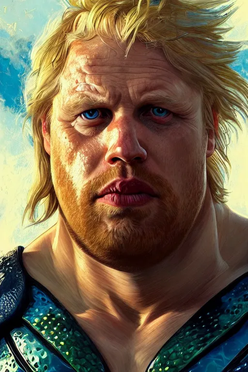 Prompt: Boris Johnson as Aquaman,realistic portrait, symmetrical, highly detailed, digital painting, artstation, concept art, smooth, sharp focus, illustration, cinematic lighting, art by artgerm and greg rutkowski and alphonse mucha