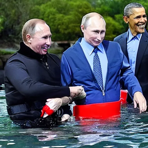 Prompt: putin, trump, obama and bush are below water scubadibing while smiling and having a great time