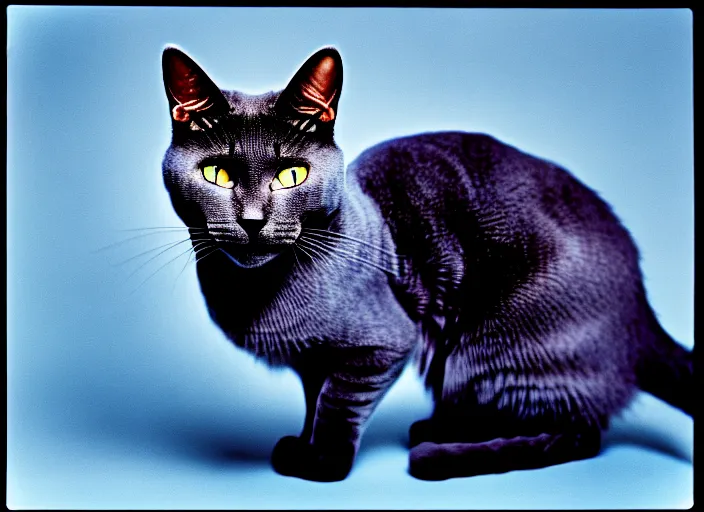 Image similar to Fujichrome Provia 100F photograph of a Russian Blue cat, sigma 85mm f/1.4, 15mm, 35mm, tilted frame, extreme long shot, action shot, long exposure, 4k, high resolution, 4k, 8k, hd, wide angle lens, highly detailed, full color, harsh light and shadow, intoxicatingly blurry