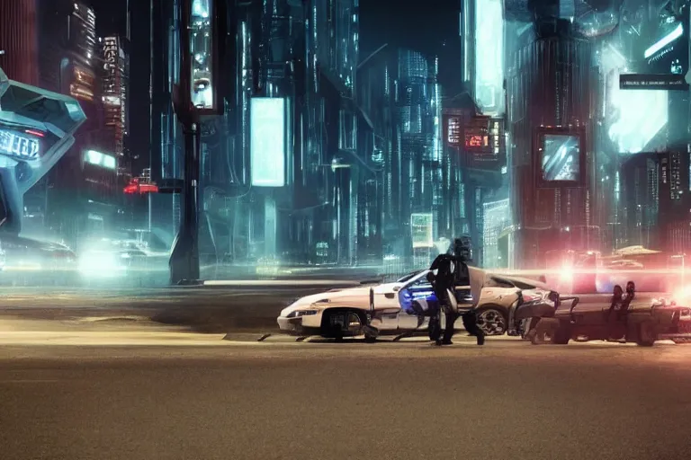 Image similar to cinematography ai robot rights standoff with police, sci-fi future city street at night. Emmanuel Lubezki