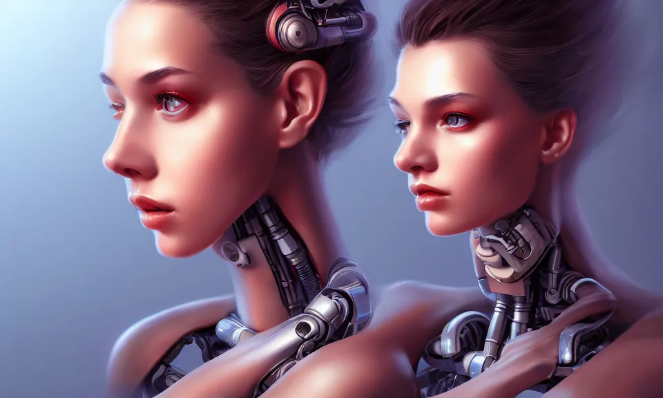 Image similar to cinematic bust portrait of beautiful girl with robot body, portrait ,cinematic, elegant, artstation, intricate, highly detailed, digital painting, artstation, concept art, sharp focus, illustration, cyberpunk, cgsociety, 8k